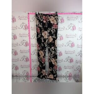 Shabby Chic Black Wide-Leg Pants with Pink & Cream Floral Print